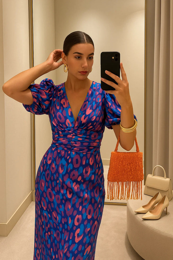 HendrixMode™ Lily | Kleurige Jurk met Geplooide Mouwen