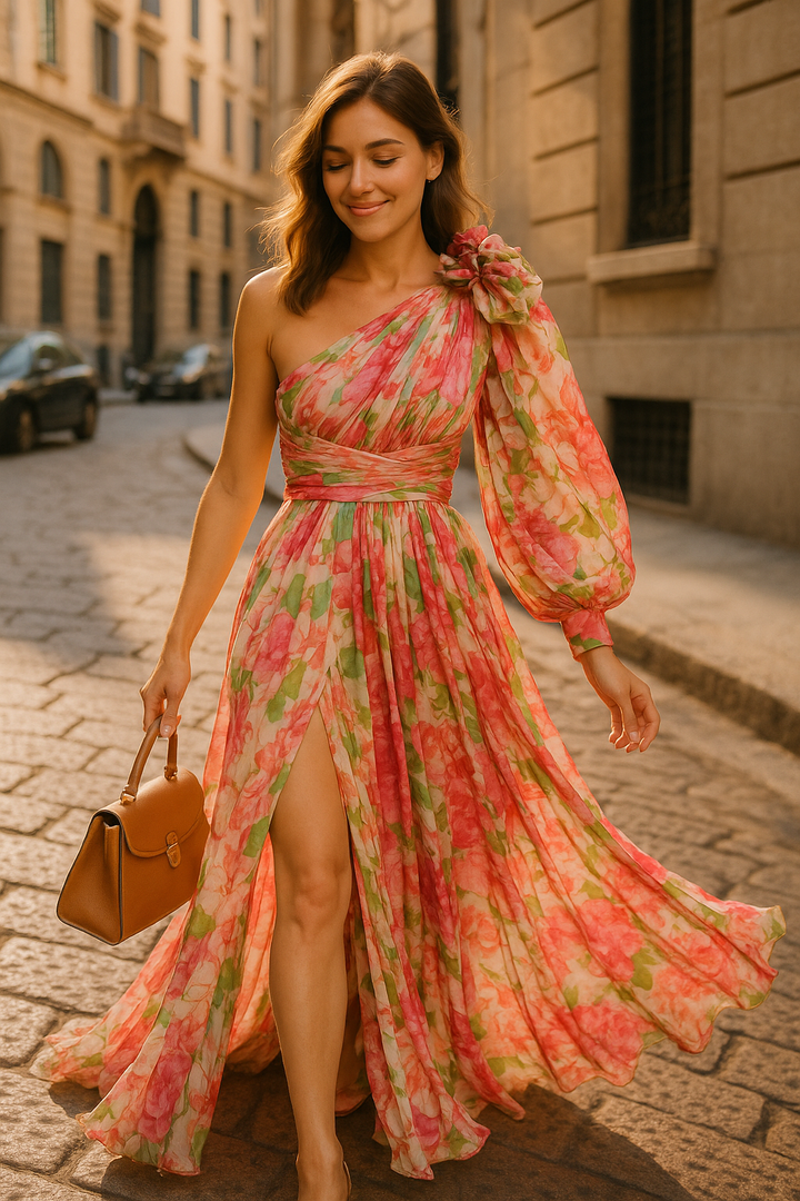 HendrixMode™ Amara | Maxi-jurk met Eén Schouder en Bloemenprint